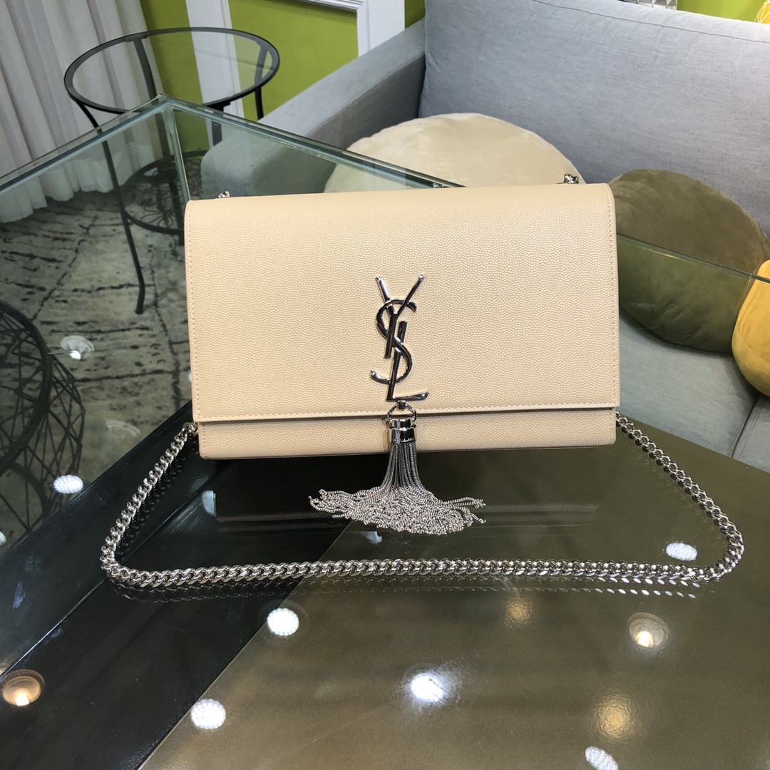 Saint Laurent Kate Tassel Medium Grain Calfskin Shoulder Bag Beige 354119 Gold